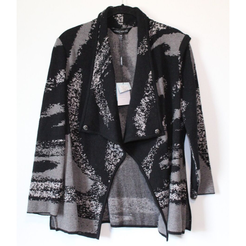 NWT Ming Wang Relaxed Fit Cozy Knit Cardigan Black Gray Petite Small PS H13896 - Picture 2 of 10